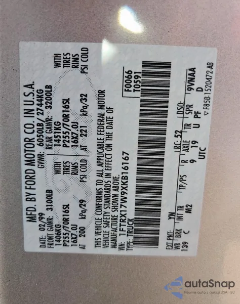 1999 Ford F150 z USA, uszkodzony, nr VIN 1FTRX17W9XKB16167